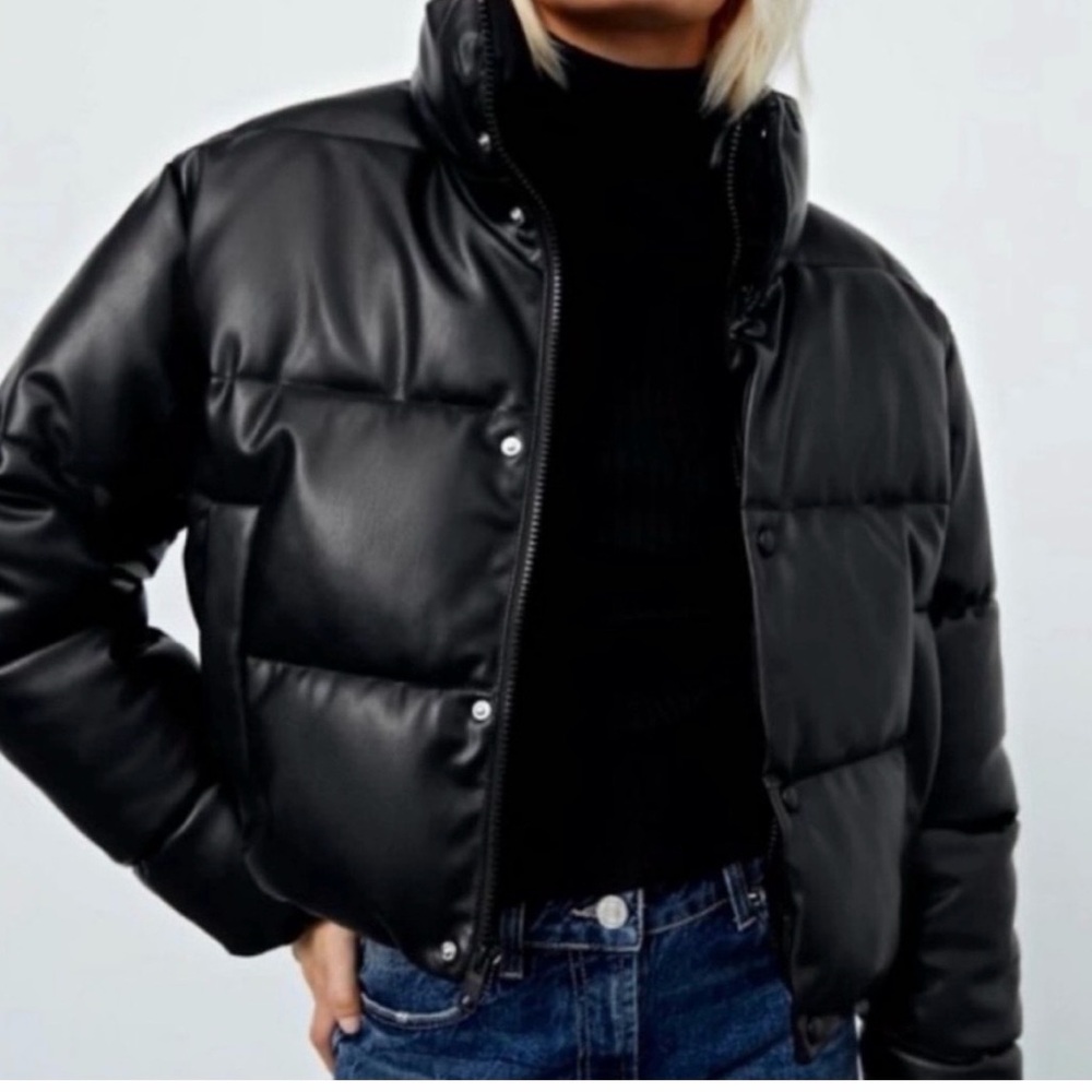 Zara Black Faux Leather Cropped Puffer Jacket - Size M